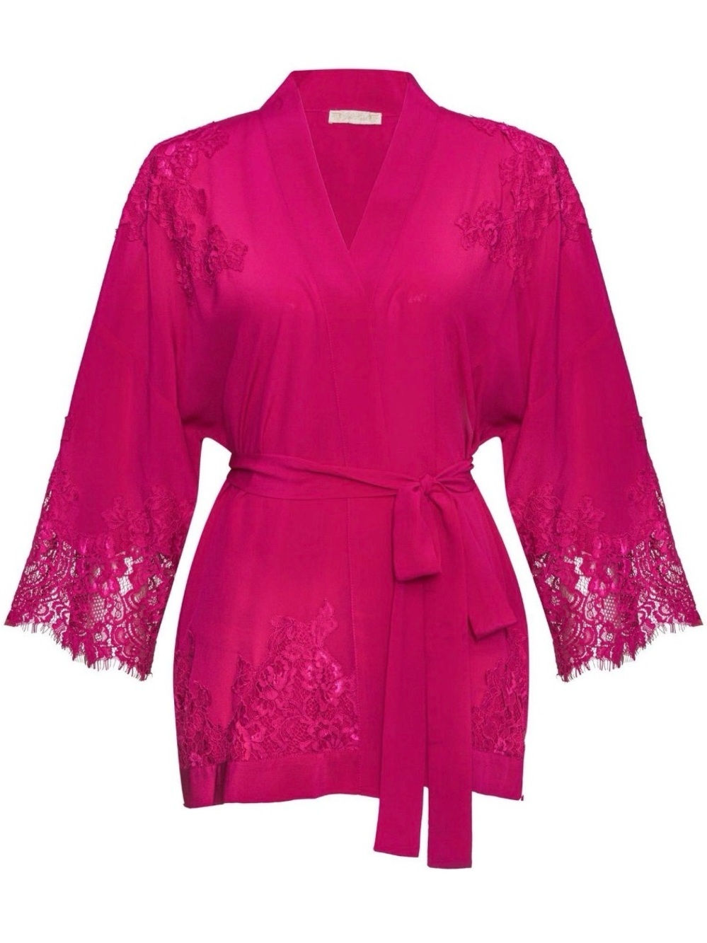 Gold Hawk Silk Lace-Trim Kimono Wrap Top in Fuchsia